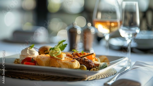 Zooming in, a detailed view captures the hotel room service tray, laden with gourmet cuisine and beverages, underscoring the upscale dining experiences awaiting guests.