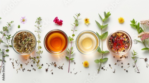 Four glass cups filled with various types of tea on a white surface. Green, black, herbal, and fruit teas are displayed with dry leaves and flowers around them for a charming presentation. #768270455