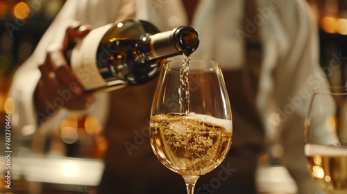 Precise close-up of a sommelier pouring wine into a glass with finesse, symbolizing expertise and refinement in restaurant hospitality.