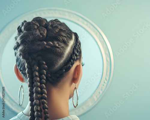 African elegance, rear profile, braided updo, pastel background, circular reflection. photo