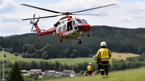 Paramedics in helmet, equipment going to helicopter rescue with working propeller. Emergency medical, air rescue, coast guard  service. Safety and travel insurance concept image