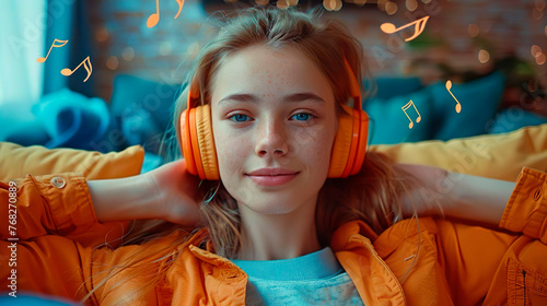 Pretty girl enjoys listening to music her favorite song with orange wireless headphones sitting on the sofa at home. Orange musical notes are flying in the air around a beautiful young woman. Happy