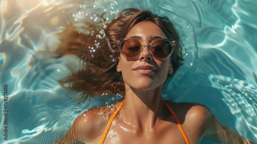 high angle of female in sunglasses and swimwear sunbathing and floating on water in swimming pool on summer vacation high angle of female in sunglasses and swimwear sunbathing and floating on water in swimming pool on summer vacation