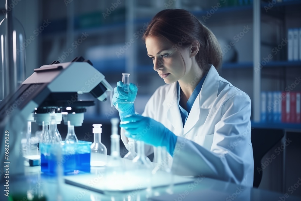 Concentrated woman microbiologist in white robe works. Researcher, scientist testing substances in clinical laboratory. Medicine. Medical science and biotechnology. Scientific research in a lab Concentrated woman microbiologist in white robe works. Researcher, scientist testing substances in clinical laboratory. Medicine. Medical science and biotechnology. Scientific research in a lab