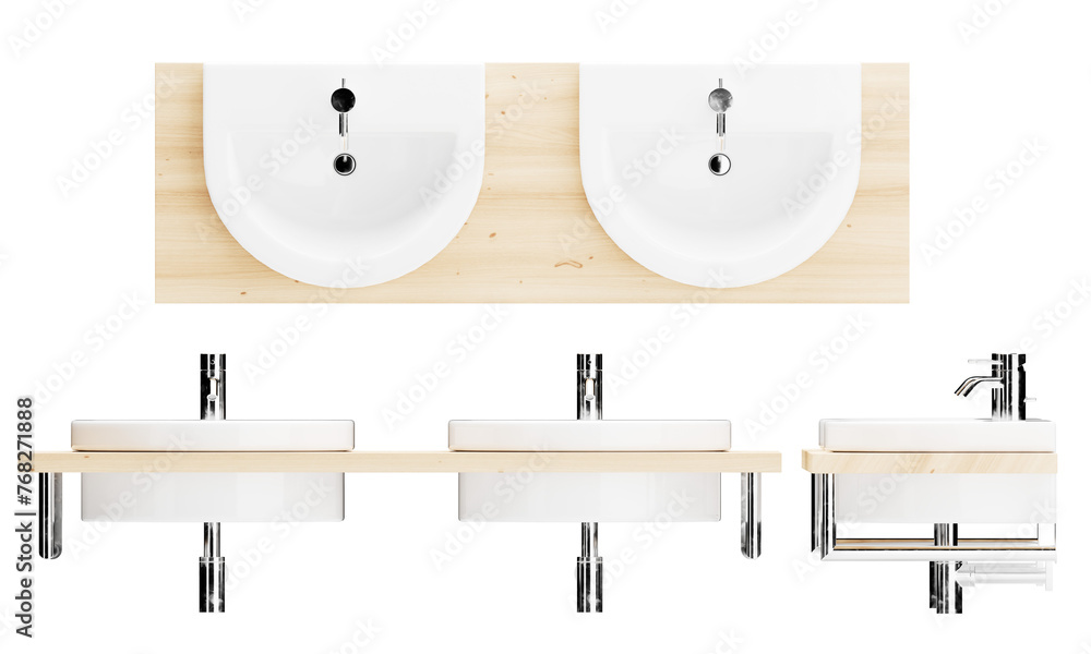 White Bathroom Sink Variations with Chrome Details on a Black Background