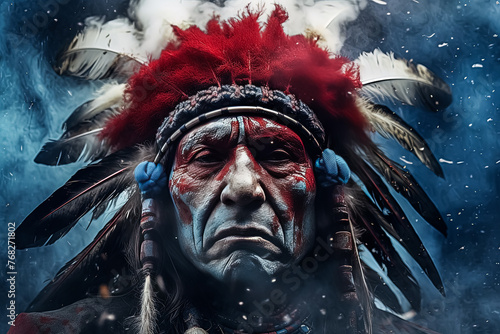 A man wearing a red and blue headdress