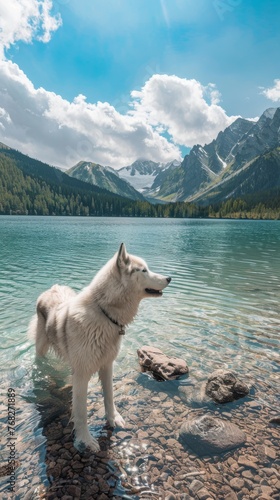 Siberian Husky explores a cool mountain lake on a hot summer day, surrounded by mountains and forests created with Generative AI Technology