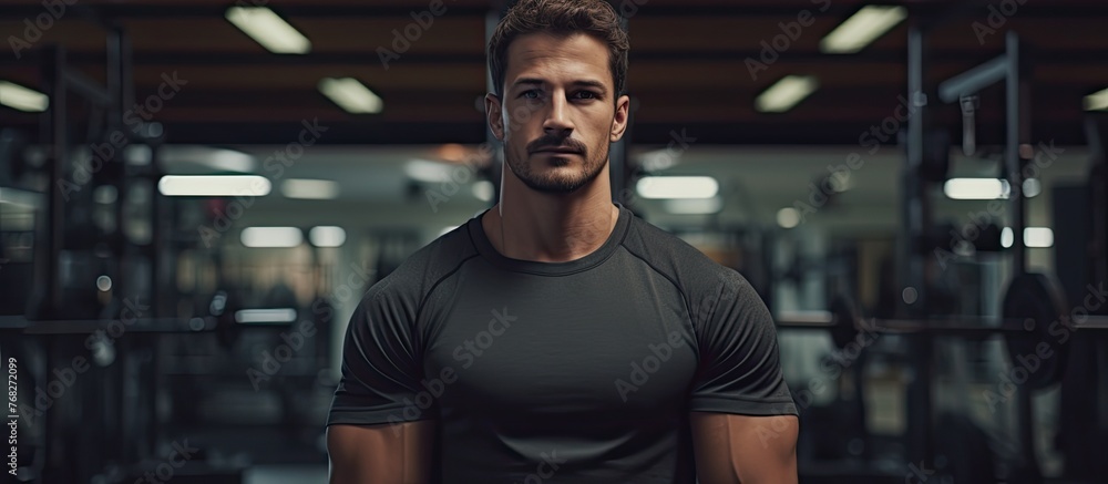 A bodybuilder with a musclebound chest and defined jawline, sporting facial hair, stands in a gym, ready for a physical fitness event, sleeves rolled up, confidently looking at the camera - obrazy, fototapety, plakaty 