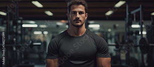 A bodybuilder with a musclebound chest and defined jawline, sporting facial hair, stands in a gym, ready for a physical fitness event, sleeves rolled up, confidently looking at the camera photo