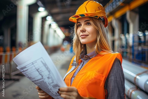 Female construction engineer in hard hat with blueprints at a large industrial facility