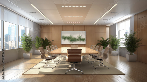 Modern and bright business meeting room with plants and urban landscape.
