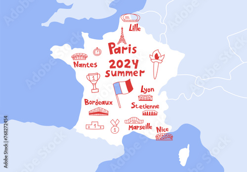 France map 2024 summer games in paris, cities with stadiums. Flat vector graphic photo