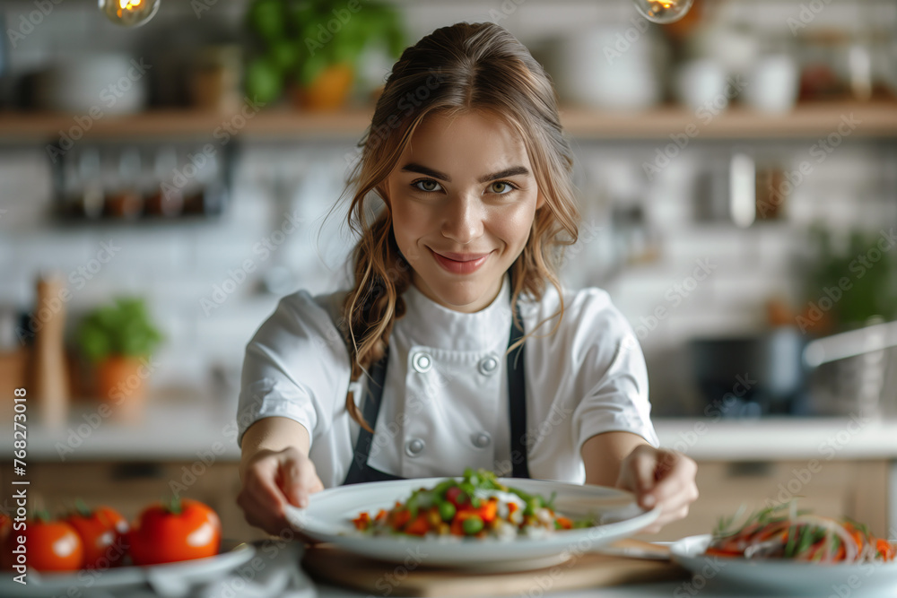 Confident Female Chef Presenting Gourmet Salad, Professional Kitchen Portrait