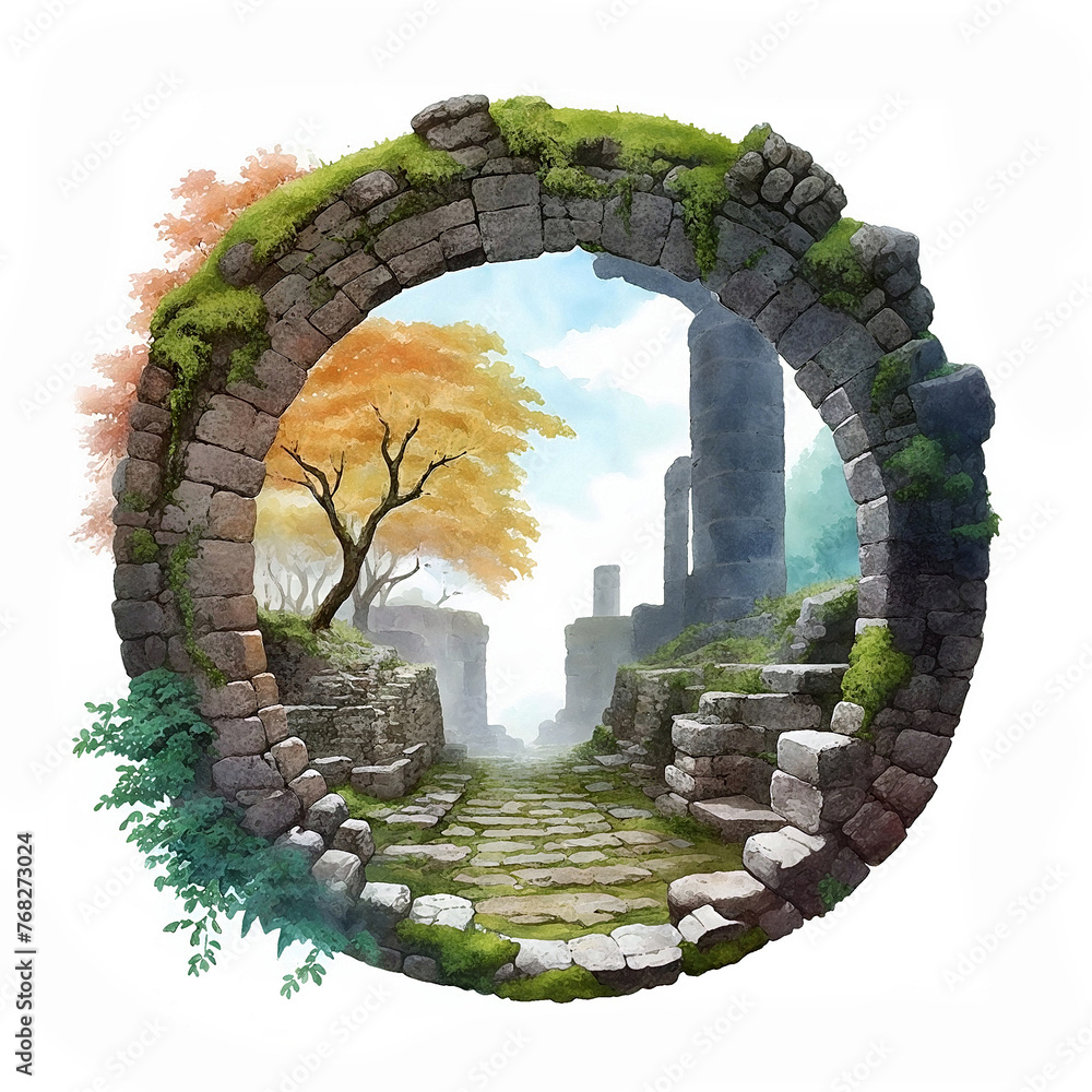 Illustration of ancient city ruins designed in a round shape on a white background