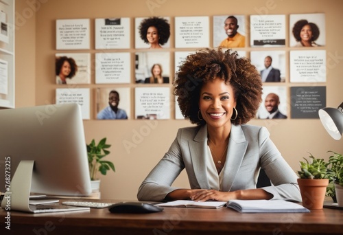 A smiling businesswoman uses a tablet in a well-organized office. Her happy demeanor enhances the professional ambiance.