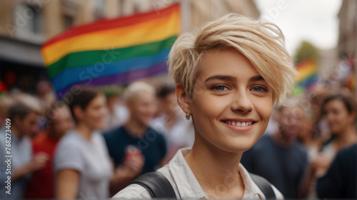Portrait of beautiful young woman on the street during pride parade with rainbow LGBT flag in the background