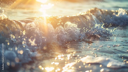 Detailed shot of morning sea waves with sun's sparkle. beach illuminated by bokeh sunset light perfect for wallpaper