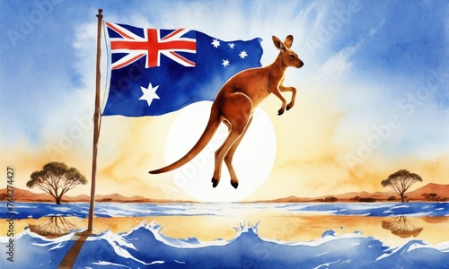 Symbol associated with the country Australia - watercolor illustration. Graceful kangaroo leaping across the sun-drenched Outback  symbolizing Australia s unique wildlife and dynamism.
