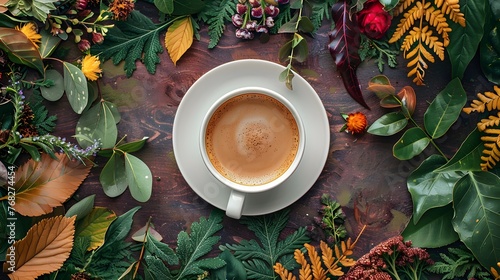A cup of coffee surrounded by leaves and flowers
