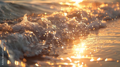 Close-up of sea waves in morning sunlight. bokeh sunset radiance on summer beach perfect for wallpaper background