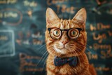 cute smart ginger cat teacher in glasses on the background of a school chalkboard