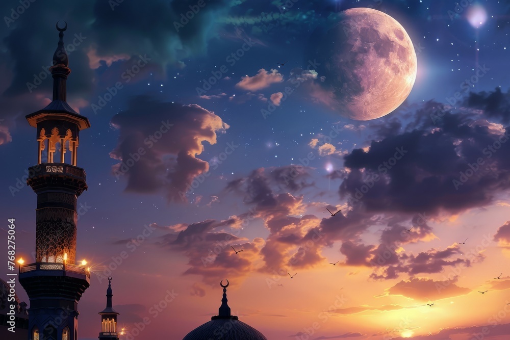 Islamic Silhouette mosques on dusk with crescent moon over mountain, religion of Islam and free space for text Ramadan Kareem, Eid Al Fitr, Eid Al Adha, Eid Mubarak. High quality photo