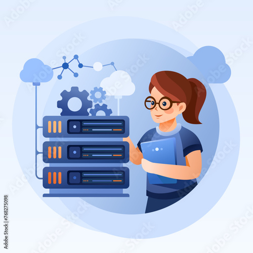 Cloud Data Centre Illustration - Network Infrastructure and Global Internet Connection, Girl, Woman