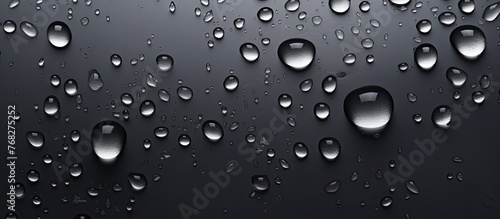 A multitude of liquid droplets, also known as water drops, scattered across a black surface. The result of atmospheric precipitation like drizzle or rain