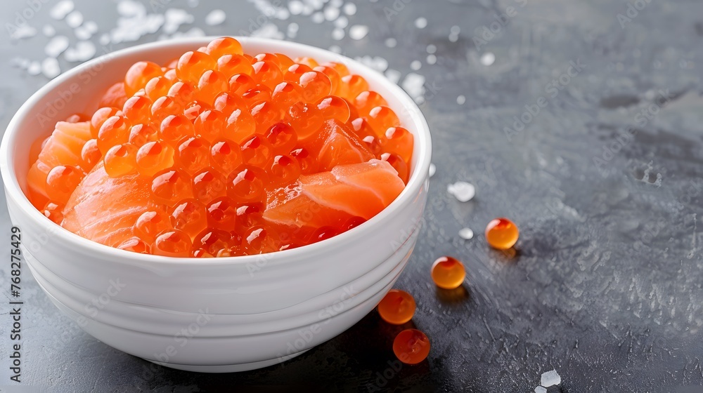 Red salmon caviar in white bowl. Marble background. Copy space. Top view. Red salmon caviar in white bowl. Marble background. Copy space. Top view.