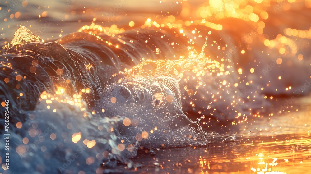 Sea waves in morning sunlight with sparkling sun. beach bathed in bokeh sunset light ideal for wallpaper background