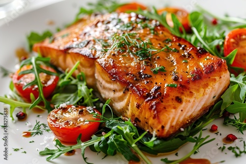 closeup tasty baked salmon steak with cherry tomatoes and arugula on a white plate
