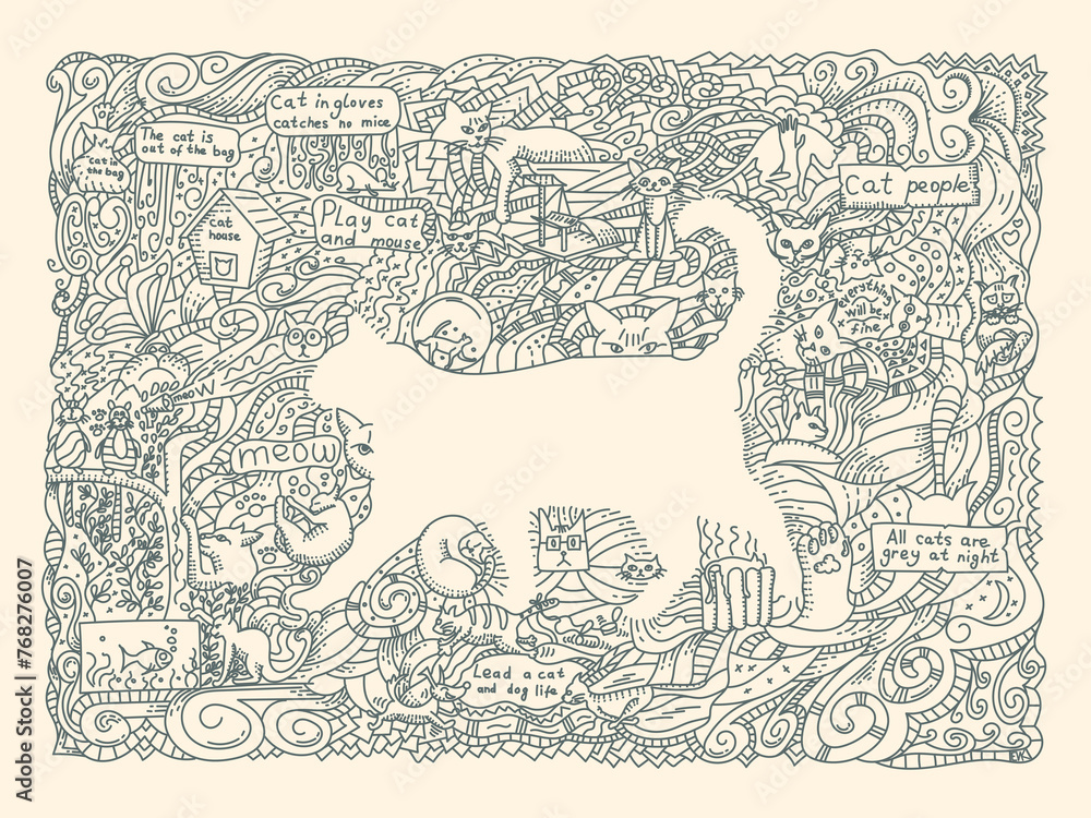 Monochrome doodle illustration on the theme of cats. Drawing for packaging, interior, napkins, post cards