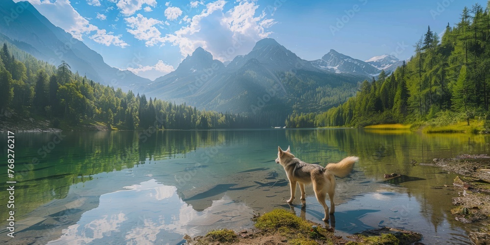 Siberian Husky explores a cool mountain lake on a hot summer day, surrounded by mountains and forests created with Generative AI Technology - obrazy, fototapety, plakaty 