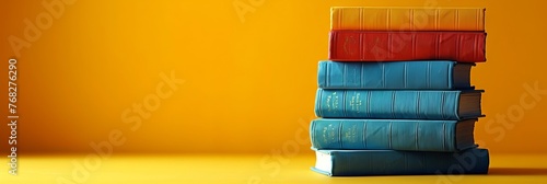 Stack of books. A neat pile of vintage reading books on yellow background. Concept of academic collection, literature variety, reading hobby, colorful study. Wide banner. Copy space © Jafree