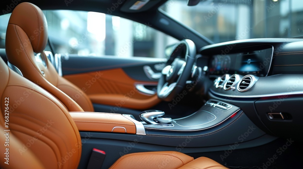 Luxurious sports car interior. Modern automobile. Concept of luxury transport, automotive design, comfort driving experience.