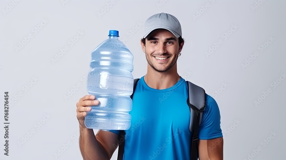 Friendly water delivery man with large blue water bottle. Light backdrop. Banner. Copy space. Concept of potable water supply, delivery job, customer care, and health. Friendly water delivery man with large blue water bottle. Light backdrop. Banner. Copy space. Concept of potable water supply, delivery job, customer care, and health.