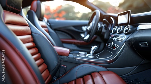 Modern sports car interior featuring leather seating and advanced touchscreen dashboard. © Jafree