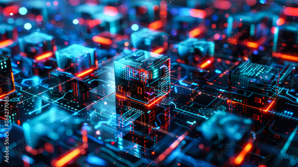 A computer chip is shown in a close up with a red and blue color scheme. The image is of a computer chip that is made up of many small squares A computer chip is shown in a close up with a red and blue color scheme. The image is of a computer chip that is made up of many small squares