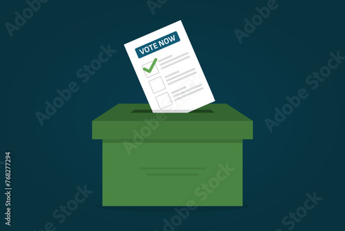 Voting slip being inserted in a ballot box flat design. Election vote concept with an envelope bulletin questionnaire.