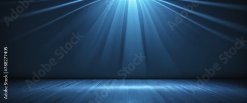 Dark blue background glowing light blue ray spotlight stage studio backdrop product placement abstract template design photo