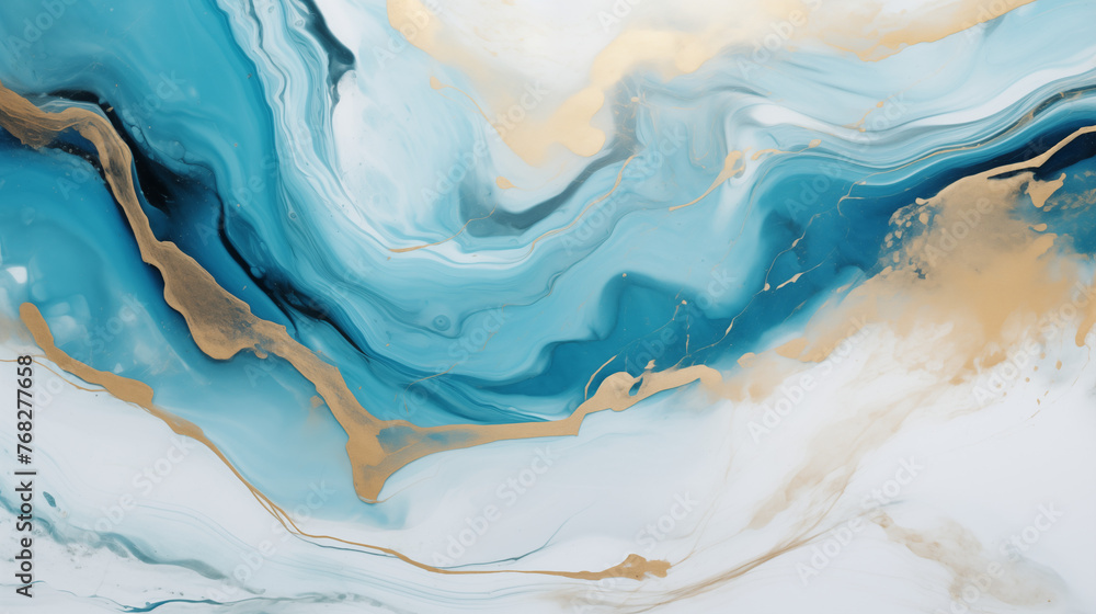 Obraz premium A HD close up of a minimalist acrylic marble painting. The painting is kept in black, white, turquoise and golden colors