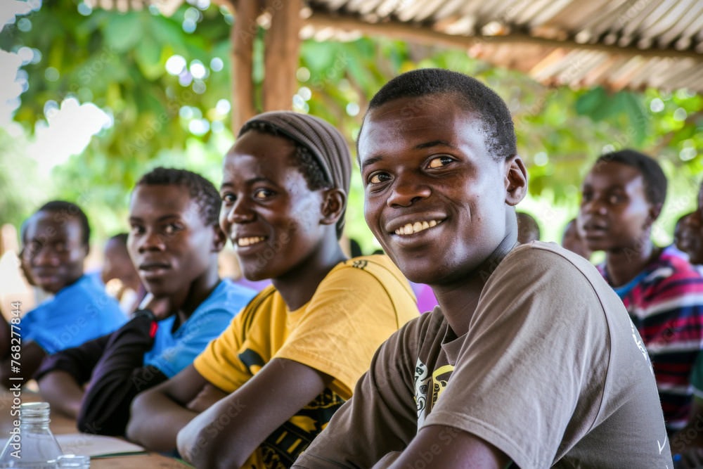 Portrait of smiling African boys and girls in school classroom.
Portrait of smiling African boys and girls in school classroom.