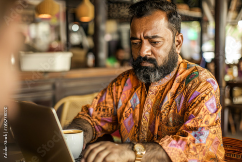 Handsome indian man using laptop in coffee shop. Business concept 