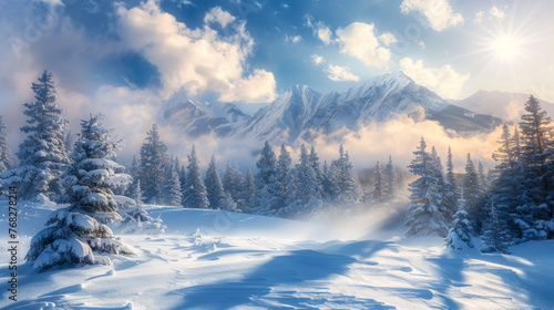 A snowy mountain range with a bright sun shining on it. The snow is falling and the sky is cloudy © Alina Tymofieieva
