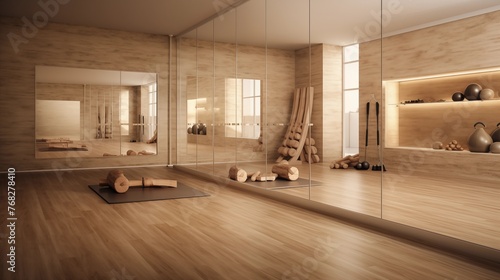 Serene private yoga studio with cork floors, mirrored wall, and storage for props