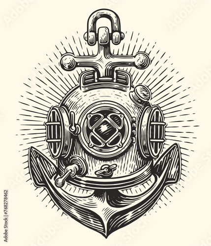 Ship anchor and old underwater diving helmet. Hand drawn sketch vintage vector illustration