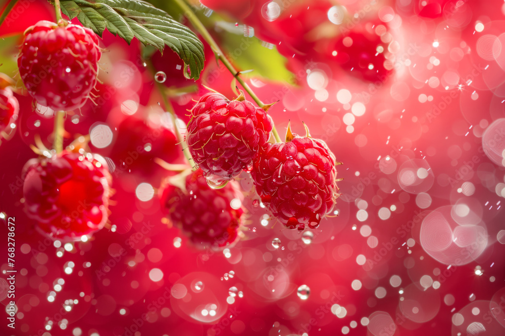 Fresh juicy raspberries fly with a splash of water on a pink background Fresh juicy raspberries fly with a splash of water on a pink background