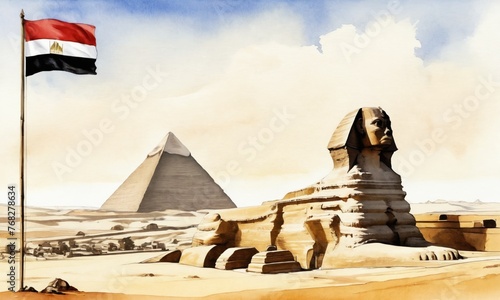 Symbol associated with the country Egypt - watercolor illustration. Colossal sphinx standing stoically in the Giza desert  symbolizing Egypt s ancient secrets and rich history.