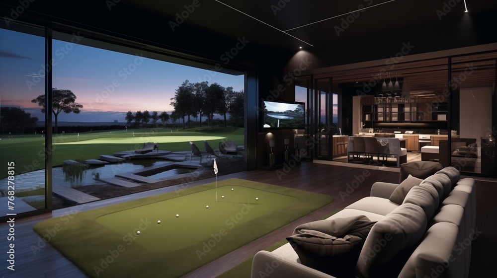 Sleek modern indoor home golf simulator suite with wrap-around screens and elevated tee boxes Sleek modern indoor home golf simulator suite with wrap-around screens and elevated tee boxes