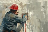 A man wearing a hard hat and holding a paint roller is painting a wall in a commercial building. He is focused on his task, ensuring a smooth finish on the surface